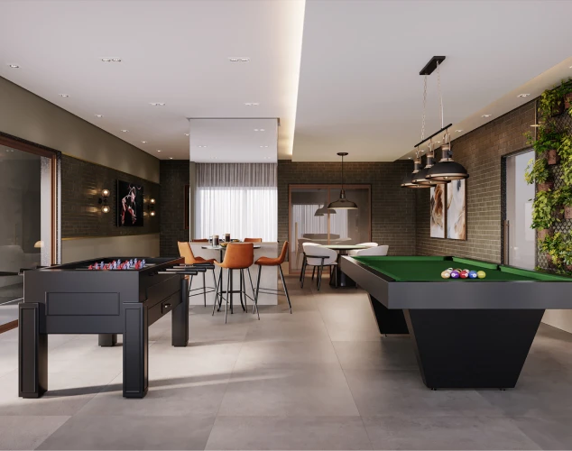 Salão de jogos do Tremezzo com mesa de sinuca, pebolim e bar