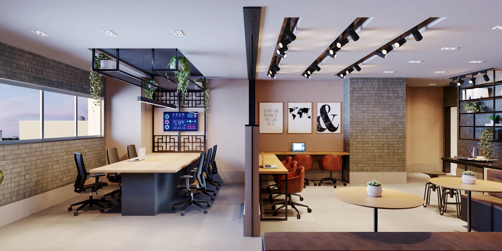 Coworking do Tremezzo com mesa de reunião e estações de trabalho