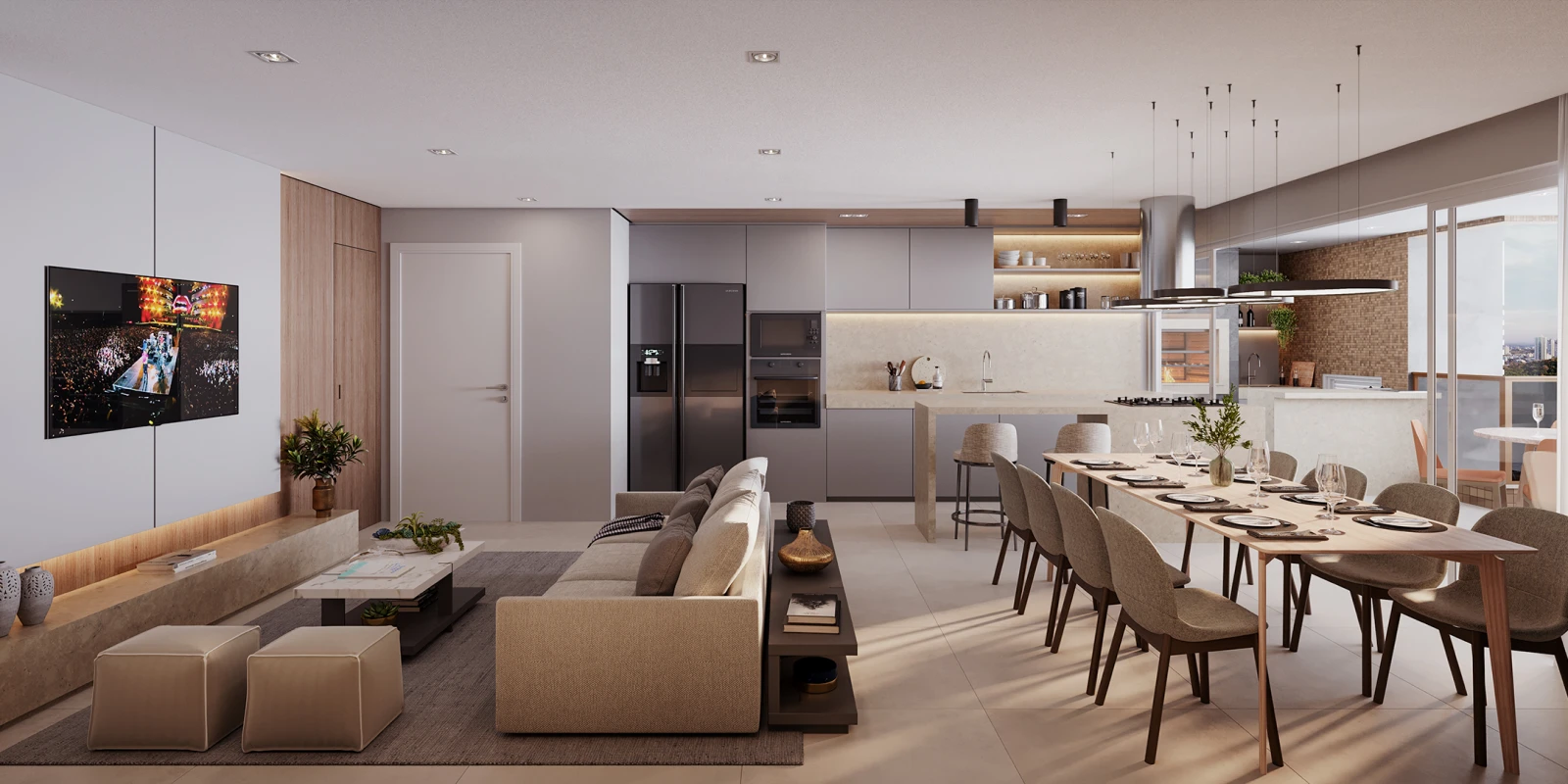 Living do apartamento do Tremezzo integrado à cozinha e à mesa de jantar