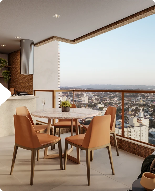 Sacada gourmet do Tremezzo com mesa redonda e vista da cidade