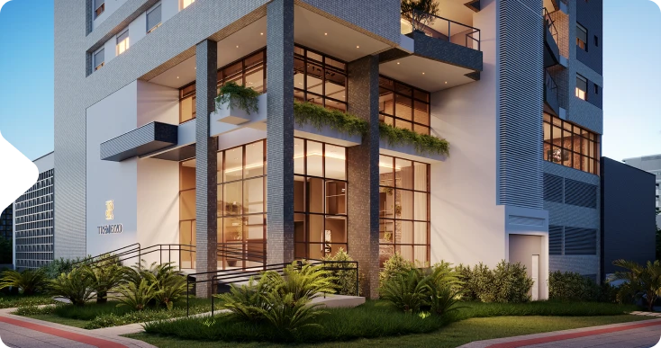 Fachada do Residencial Tremezzo ao entardecer, na esquina, com jardim na calçada
