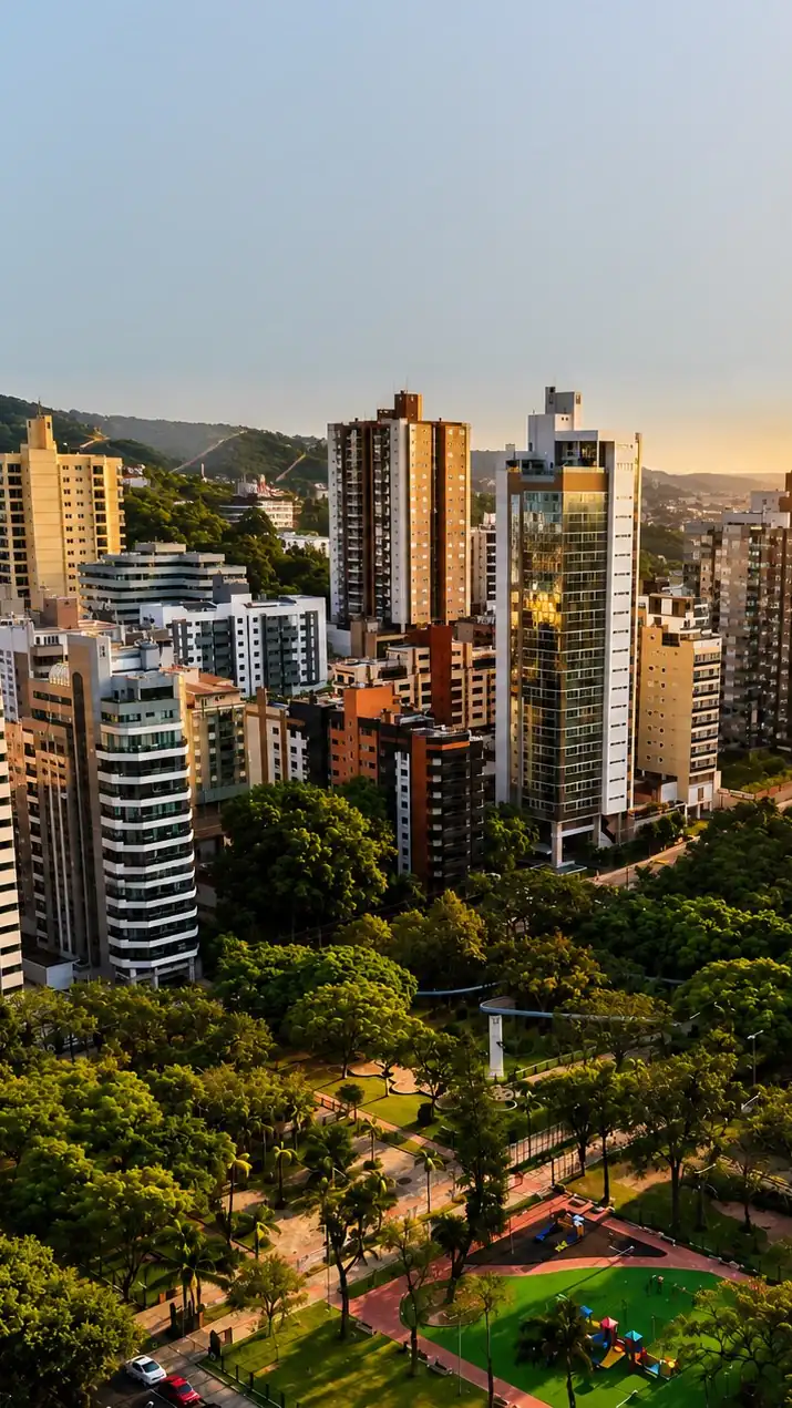 Vista aérea do Centro de Criciúma e da Praça do Congresso ao entardecer